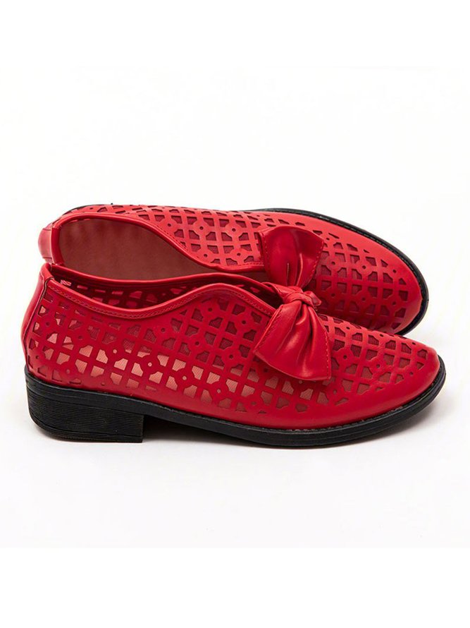 JFN  Women's Elegant Bowknot Hollow Out Chunky Heel Loafers