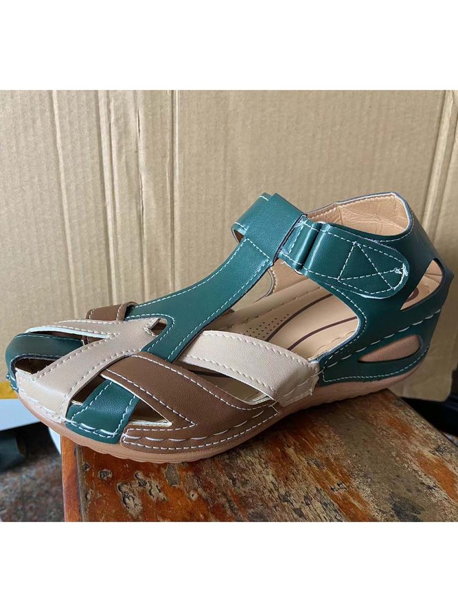 JFN  Faux Leather Vintage Contrast Comfortable Velcro Sandals