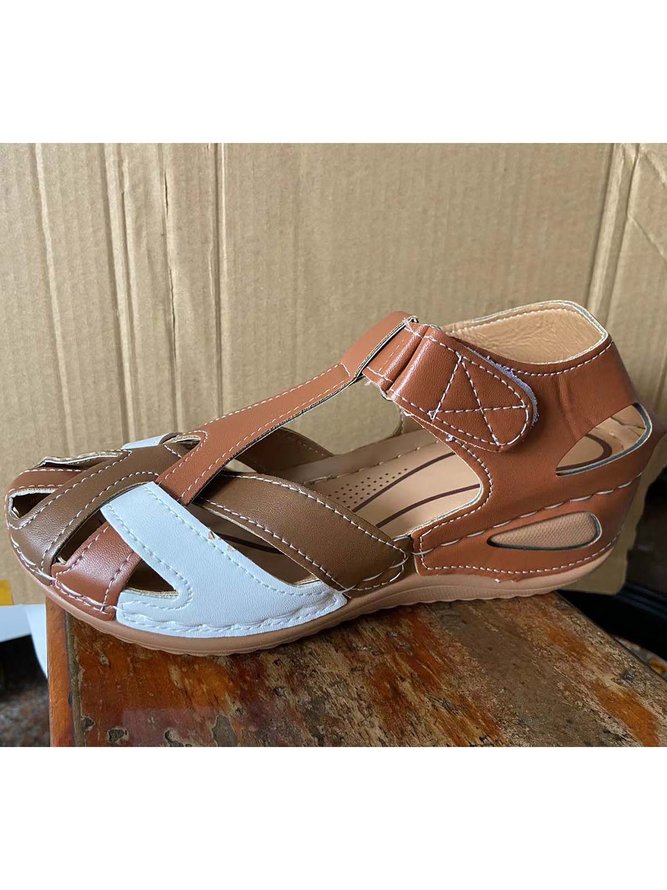 JFN  Faux Leather Vintage Contrast Comfortable Velcro Sandals
