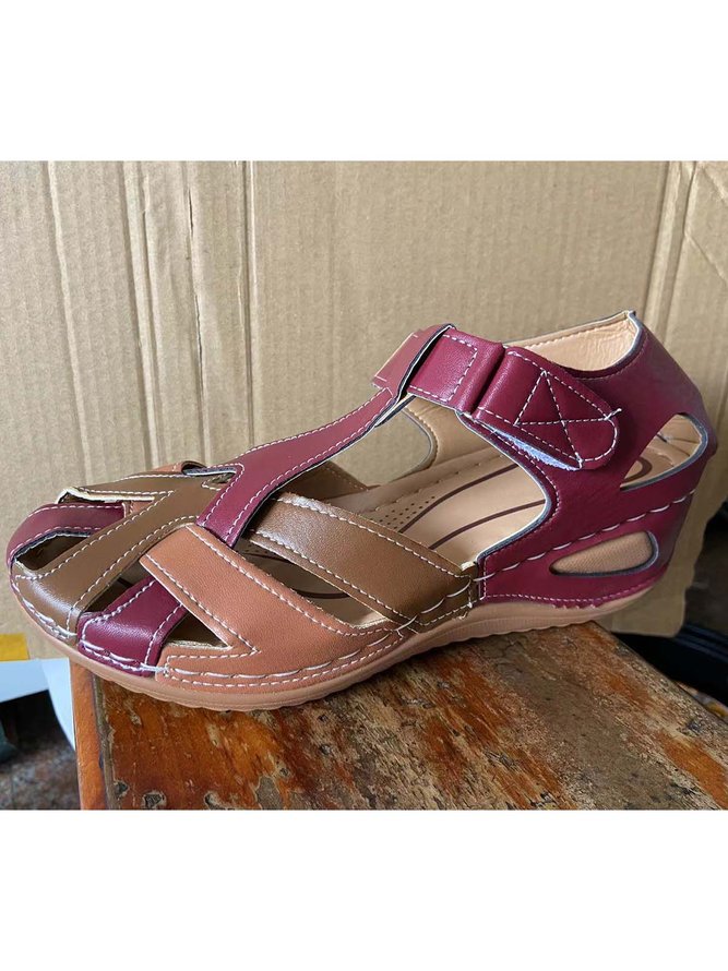 JFN  Faux Leather Vintage Contrast Comfortable Velcro Sandals