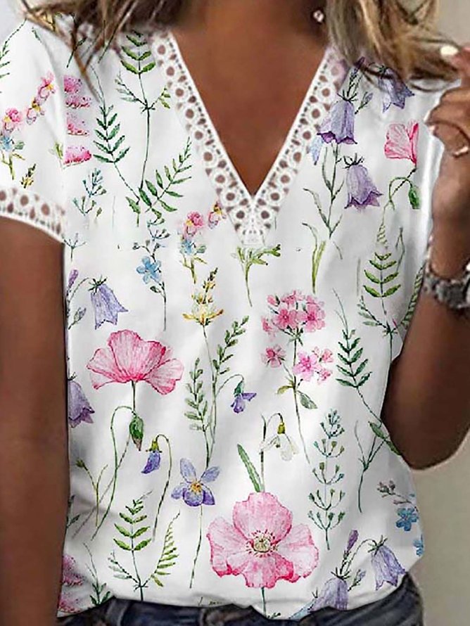 Women's Casual Holiday Weekend Floral T-shirt  Short Sleeve Print V Neck Basic Top