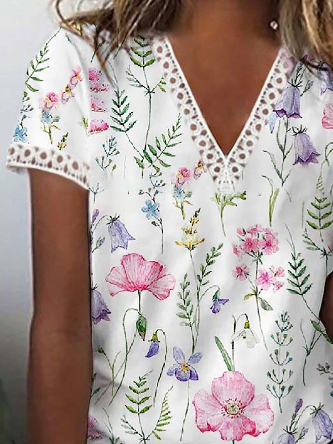 Women's Casual Holiday Weekend Floral T-shirt  Short Sleeve Print V Neck Basic Top