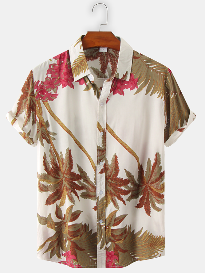 Cotton Linen Style Botanical Floral Coconut Tree Print Lapel Cozy Linen Shirt
