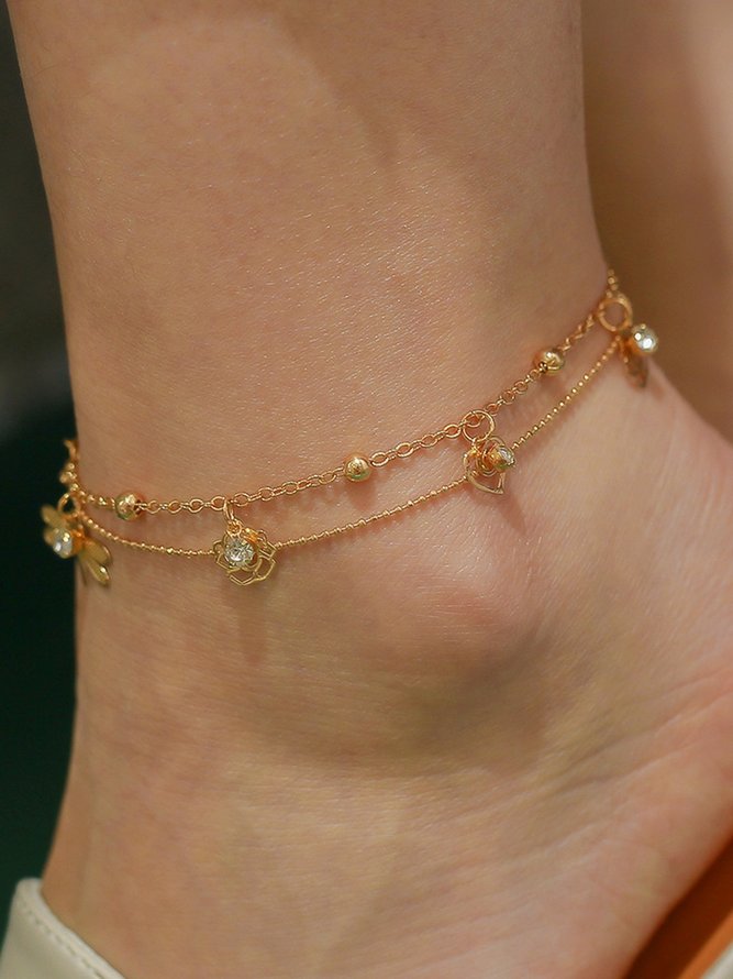 JFN Holiday Style Beach Rose Dragonfly Zircon Multilayer Anklet