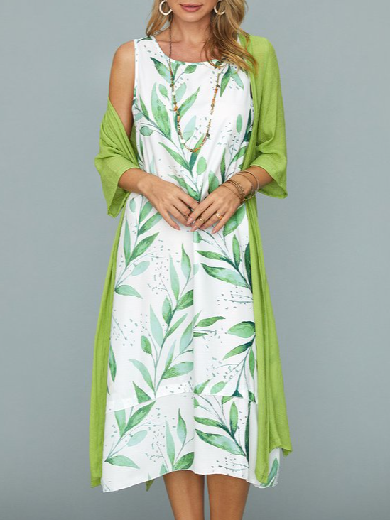 Round Neck Half Sleeve Vacation Plants Two Piece Dresses justfashionnow