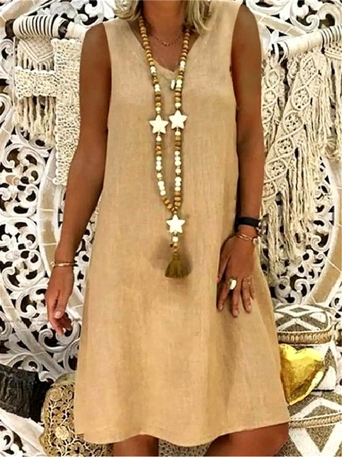Casual Plain V-neck Sleeveless Dress