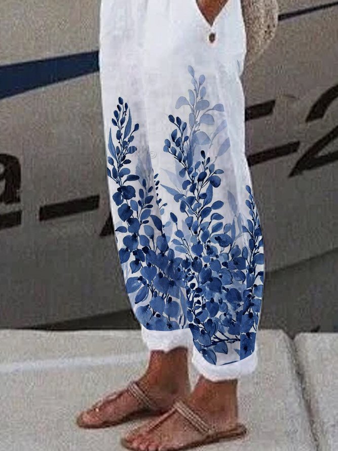 Linen ink painting gradient branch and leaf printing loose pocket elastic waist pants Plus Size