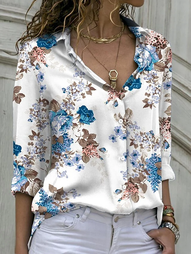 Floral Casual Vacation Regular Fit Cotton Blends Long Sleeve Blouse