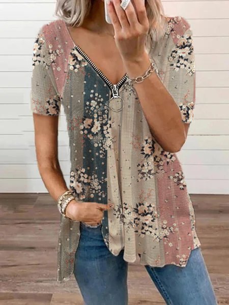 JFN V Neck Raglan Sleeve Zipper Floral Loosen Casual Top
