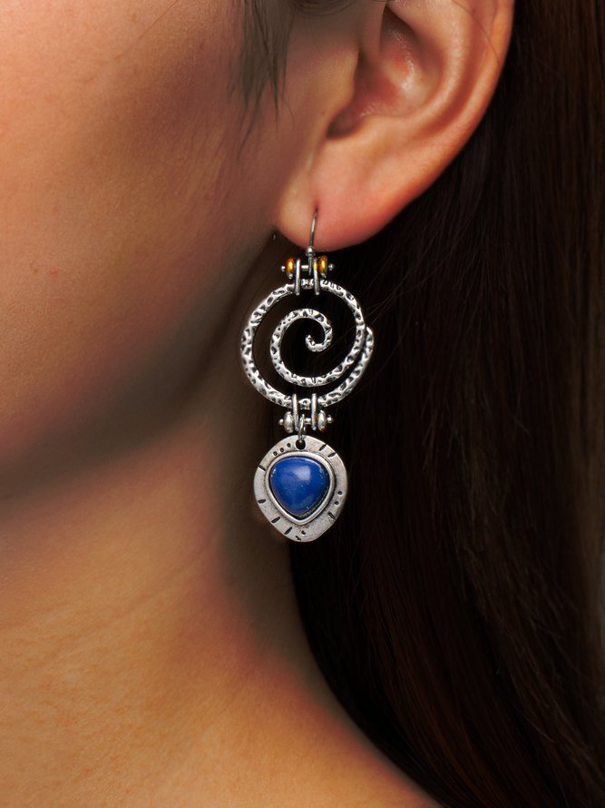 JFN Ethnic Vintage Spiral Blue Gemstone Handmade Earrings