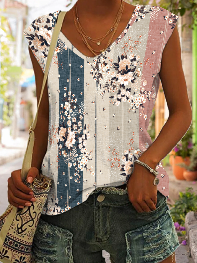 JFN Floral Casual Vacation Regular Fit V Neck Knit Tank & Cami