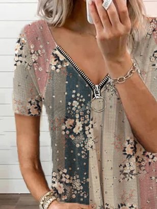 JFN V Neck Raglan Sleeve Zipper Floral Loosen Casual Floral Tops T-shirt/Tee
