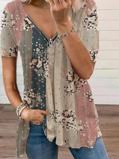 JFN V Neck Raglan Sleeve Zipper Floral Loosen Casual Top