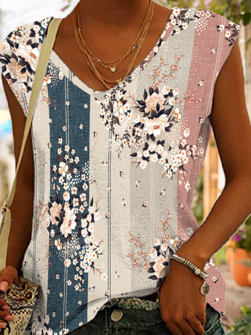 JFN Floral Casual Vacation Regular Fit V Neck Knit Tank & Cami
