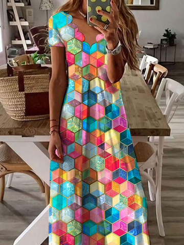 JFN V Neck Geometric colorblock  Casual Maxi Dresses