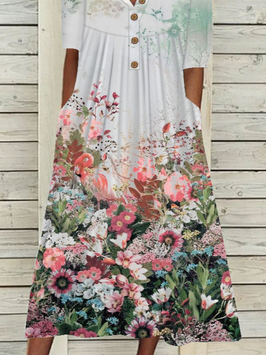 JFN V Neck Button Floral Beach Casual Midi Dresses