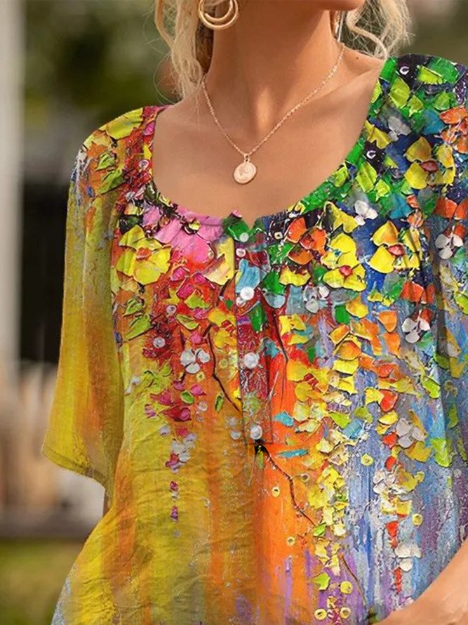 Crew Neck Ruched Vacation Floral Mid Sleeve Blouse
