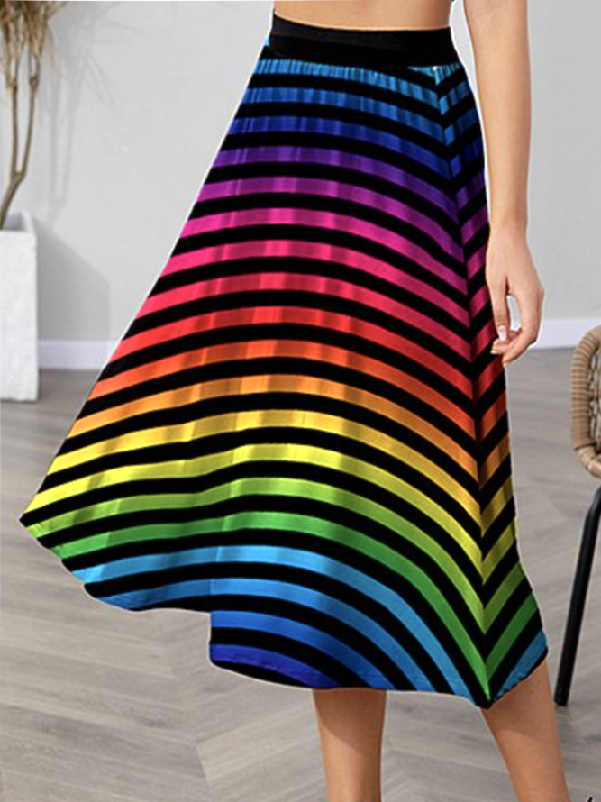 rainbow gradient stripe print skirt Vacation Long Skirt