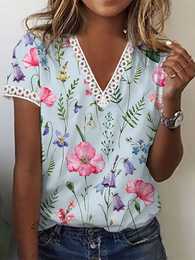 Women Lace V Neck Floral Printed Short Sleeve t-shirts | justfashionnow