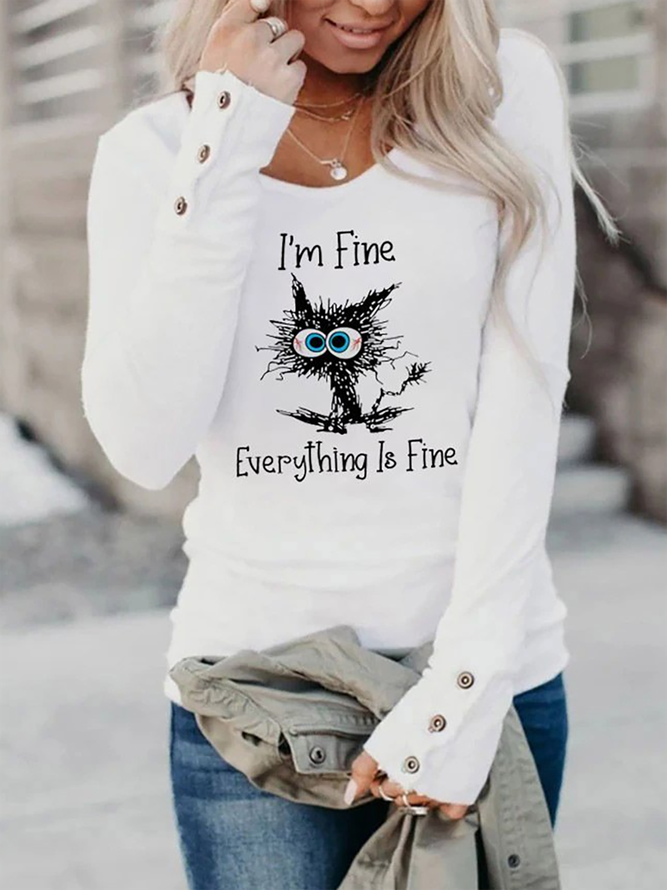 It's Fine I'm Fine V-Neck Faith Letter Printed Long Sleeve Button Cut Casual T-shirts
