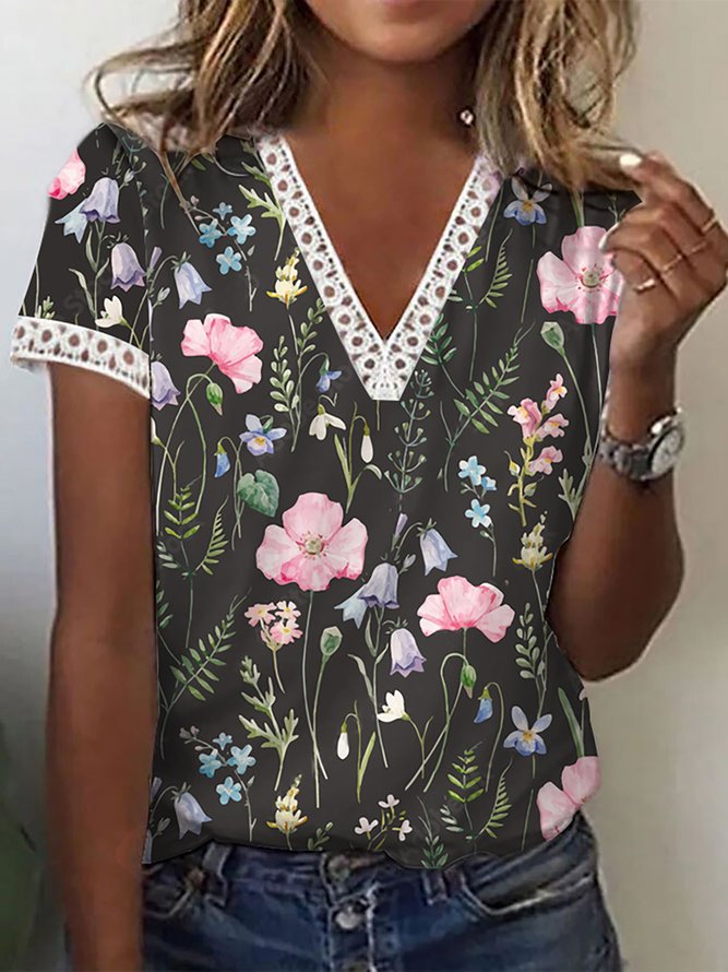 Women's Casual Holiday Weekend Floral T-shirt  Short Sleeve Print V Neck Basic Top