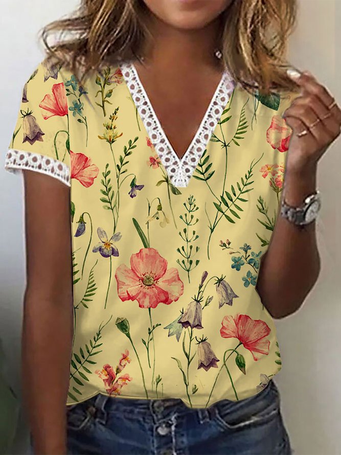 Women's Casual Holiday Weekend Floral T-shirt Short Sleeve Print V Neck ...