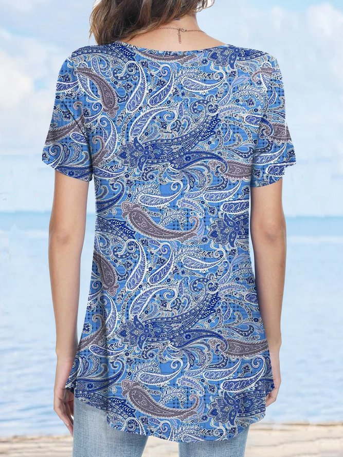 Ladies Tops Paisley Ruched Short Sleeve Stretchy Tunic