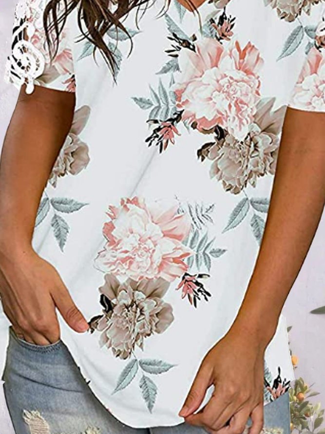 Floral Lace Panel V-Neck Short Sleeve Women's T-Shirt