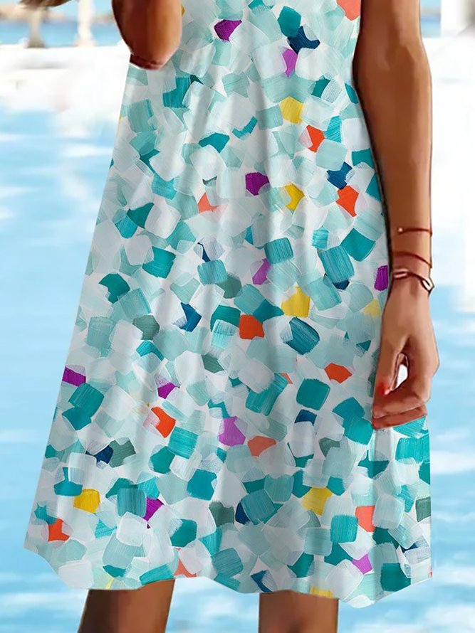 Geometric Printed Casual Square Neck Short Sleeve Mini Dress