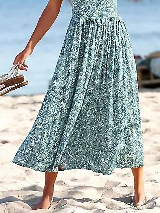 Ditsy Floral Print Elegant Vacation Beach Sleeveless Midi Dress