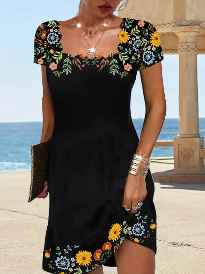 JFN Square neck Floral Elegant Casual Mini Prom Dress