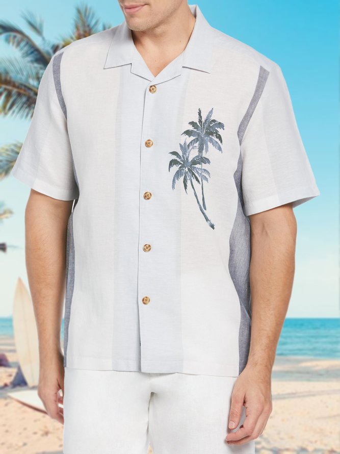 Vacation Cotton Blends Shirt Collar Coconut Tree Short Sleeve Shirt