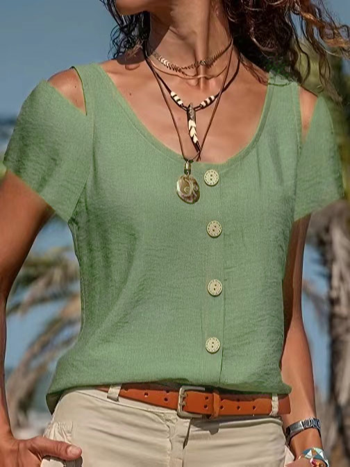 Cold Shoulder Button Up Shirt Cotton-Blend Short Sleeve Casual Shirts & Tops
