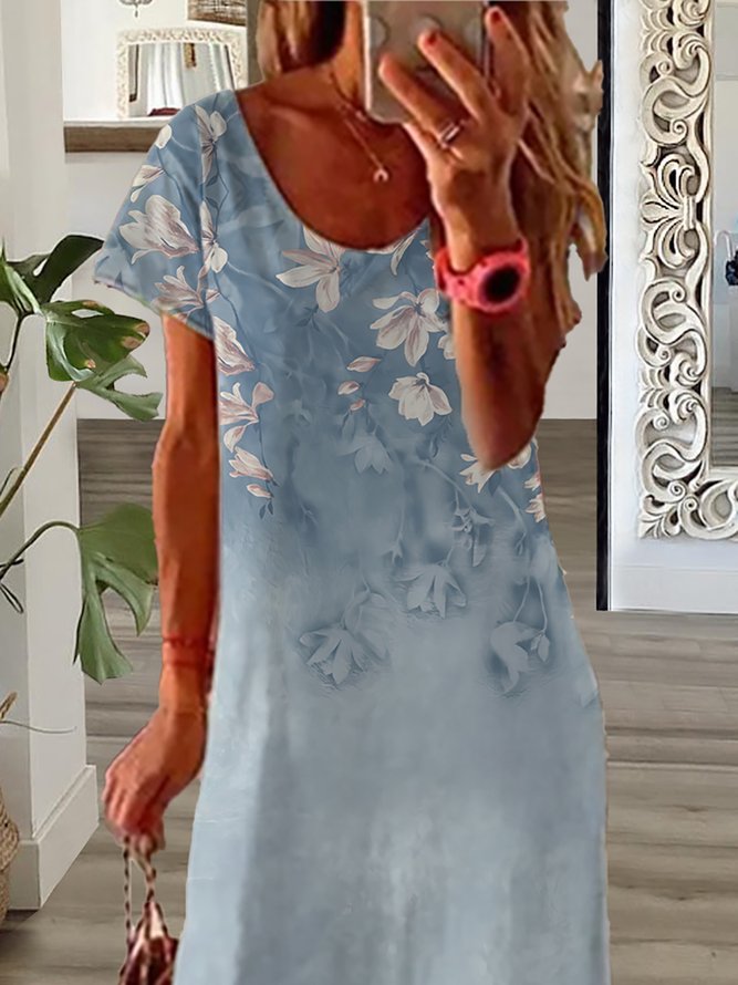 Vacation Blue Floral Round Neck Regular Fit Short Sleeve Maxi Dress