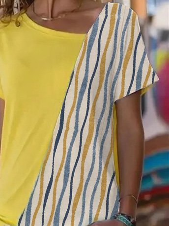 Asymmetrical Neck Striped Loosen Short Sleeve T-Shirt
