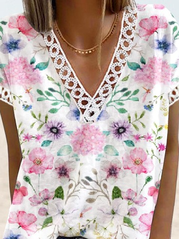 Floral Design Lace Panel Short Sleeve Top