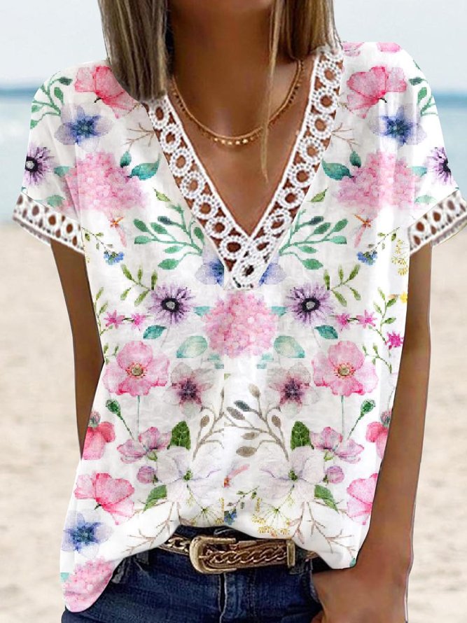 Floral Design Lace Panel Short Sleeve Top