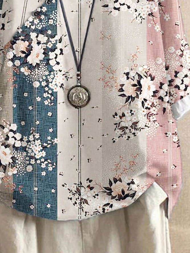 Buttoned Casual Color Block Floral Mid Sleeve Blouse