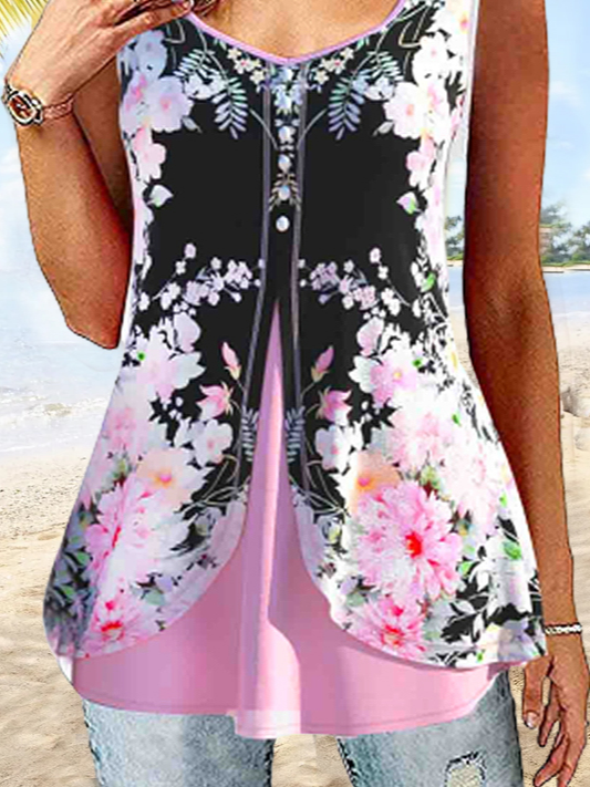 Casual Floral Print Faux Two Piece Top