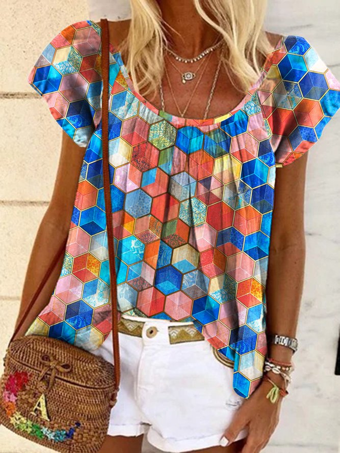 JFN Round Neck Colorful Geometric Vacation Blouse