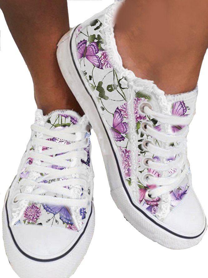 JFN Floral Light Lace Up Canvas Sneakers
