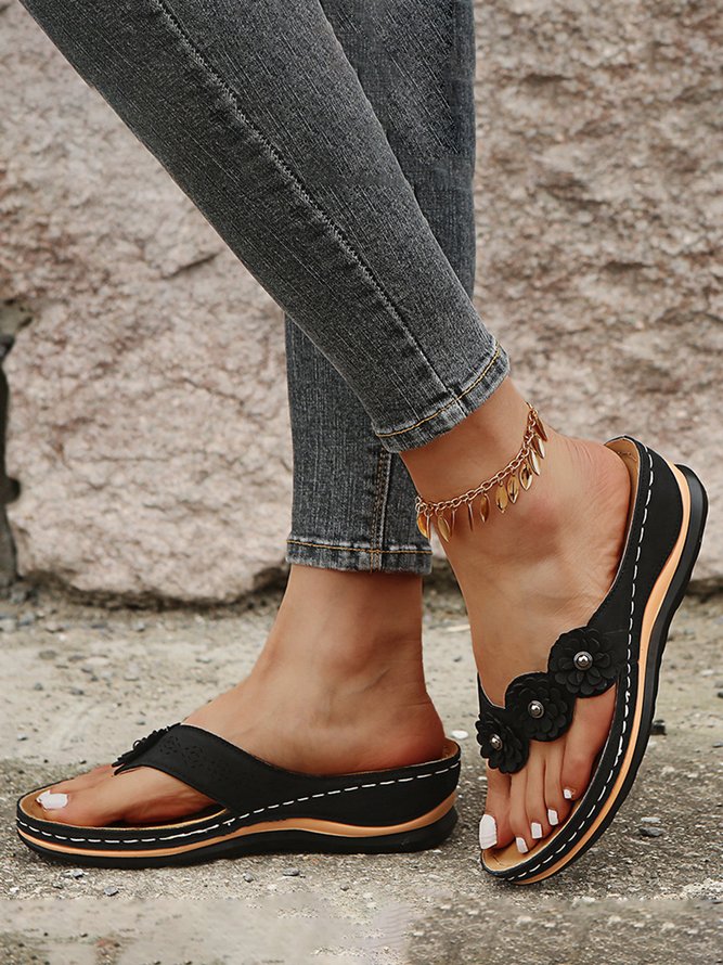 JFN Vintage Floral Casual Wedge Flip-Flops