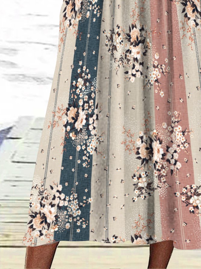 JFN Henley Neck Floral Stripe Casual Midi Dress