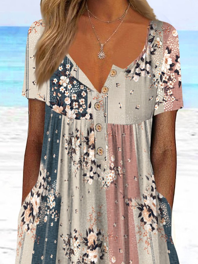 JFN Henley Neck Floral Stripe Casual Midi Dress