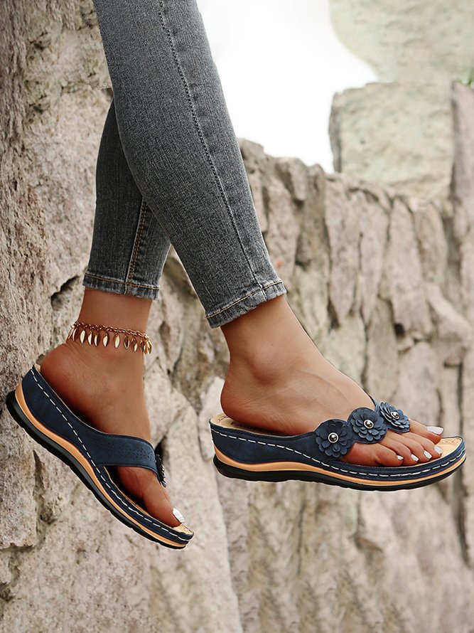 JFN Vintage Floral Casual Wedge Flip-Flops