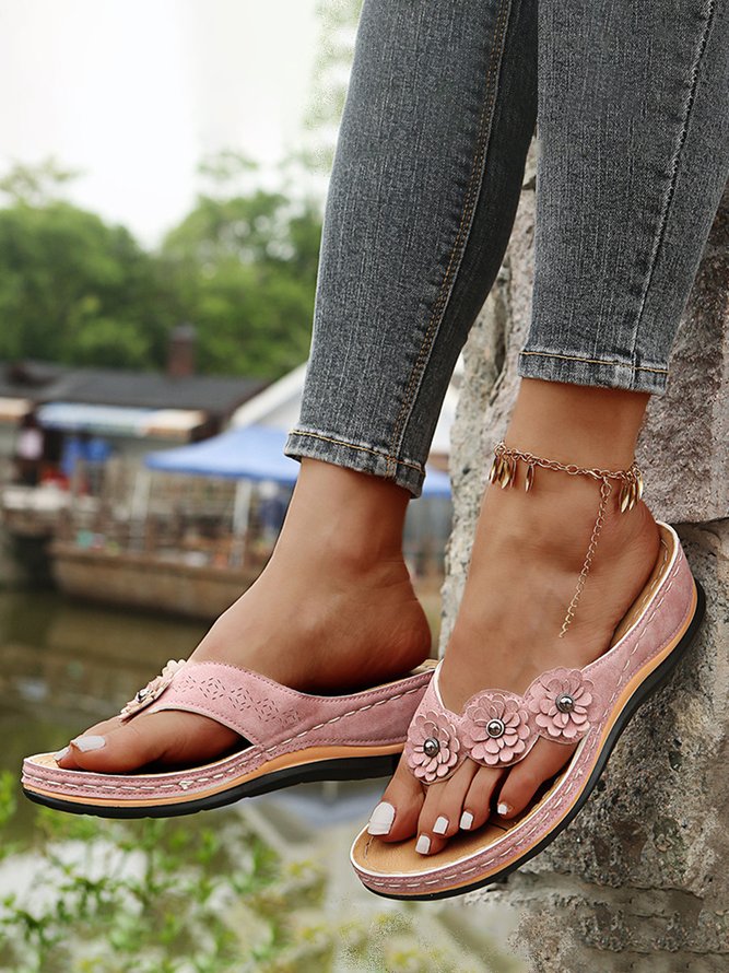 JFN Vintage Floral Casual Wedge Flip-Flops