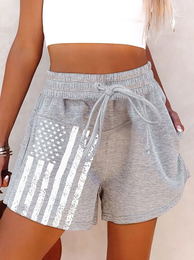 JFN Summer Gray Flag Print Striped High Rise Elastic Drawstring Waistband Side Pockets Shorts
