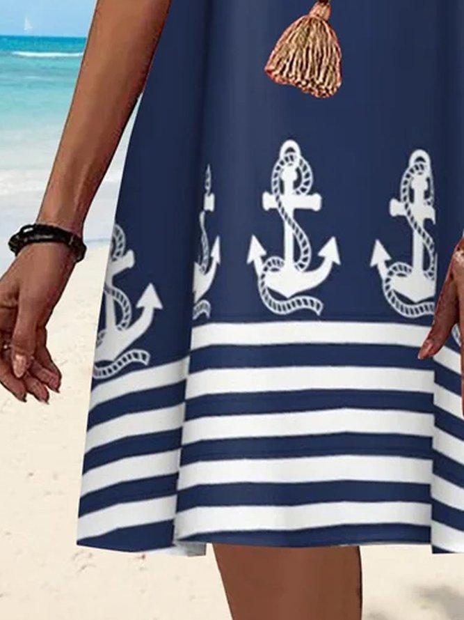 JFN V Neck Stripe Geometric Beach Vacation Anchor Casual Mini Dress