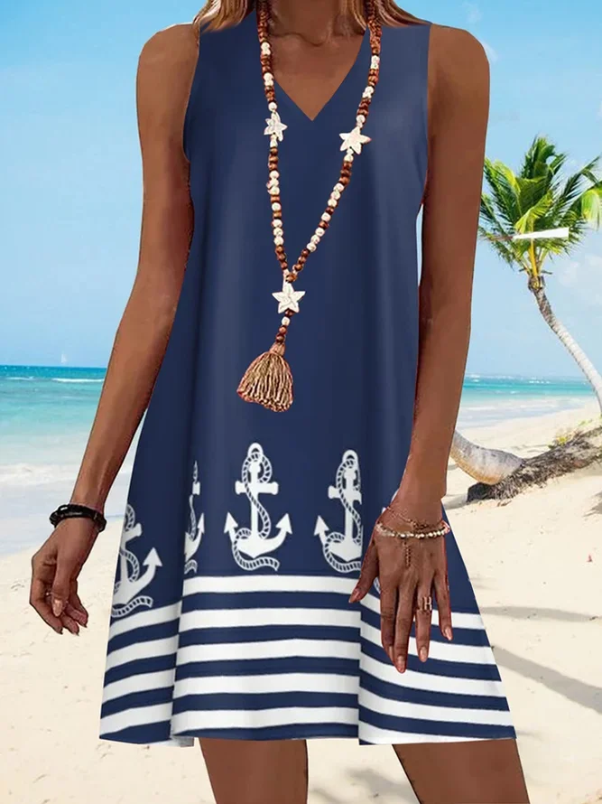 JFN V Neck Stripe Geometric Beach Vacation Anchor Casual Mini Dress