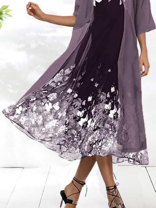 JFN Round Neck 2PCS Floral  Vacation Casual Midi Dress